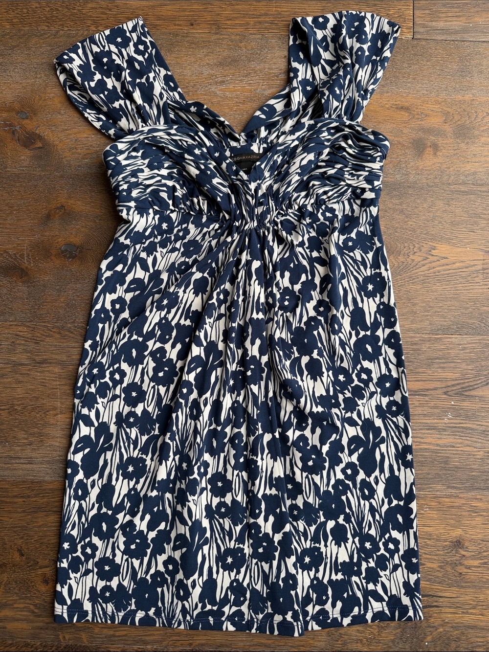 BCBGMaxAzria Navy and White Floral Twist-Front Midi Dress